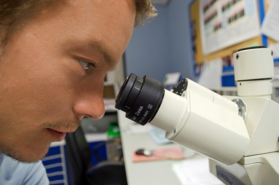 Scientist and microscope